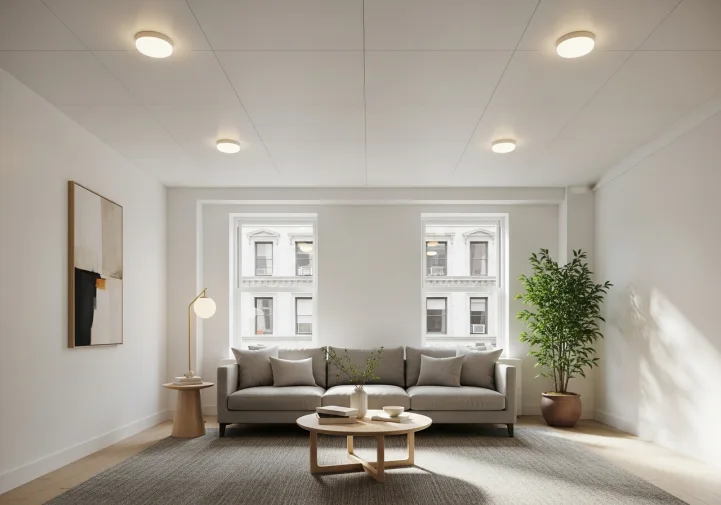 Santa Monica apartment living room with a professionally soundproofed ceiling and modern decor
