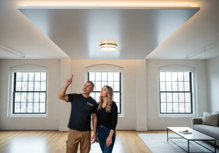 Contractor and homeowner reviewing completed soundproofed ceiling in a Santa Monica apartment
