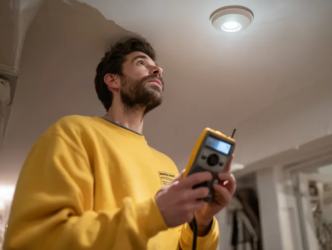 Acoustic technician measuring ceiling noise levels with a sound meter in a Santa Monica apartment