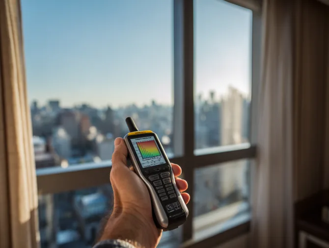 Sound level meter measuring window noise with city skyline view and frequency spectrum display