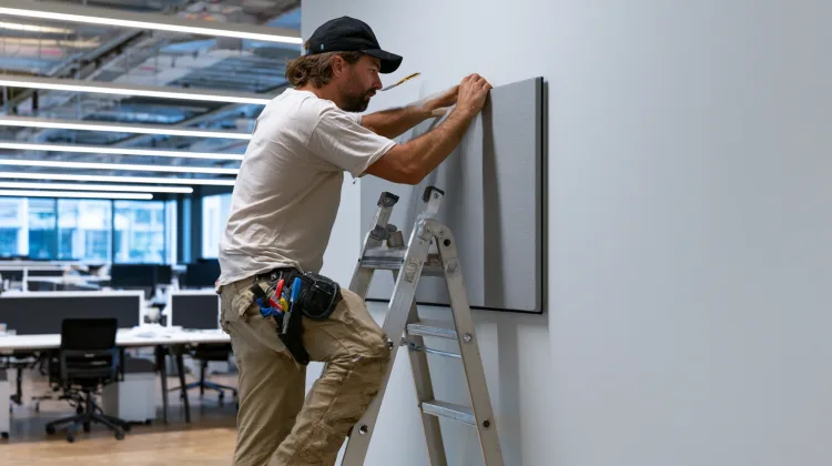 Worker mounting a fabric-wrapped acoustic panel on an office wall